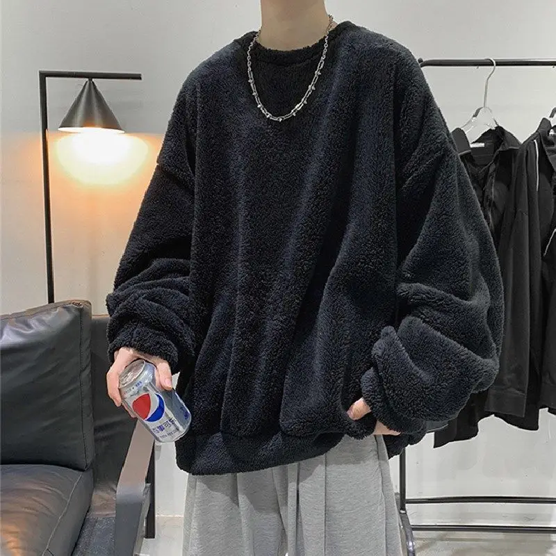 New Flannel Plush Youth Men Sweatshirt Autumn Winter Clothes O Neck Japanese Style Fashion Thicken Daily Warm Pullover Coat