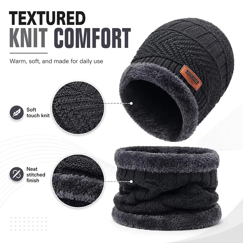 3Pcs Winter Fleece Thicken Windproof Hat Gloves Scarf Set Plush Warm Wool Knit Beanies for Men And Women