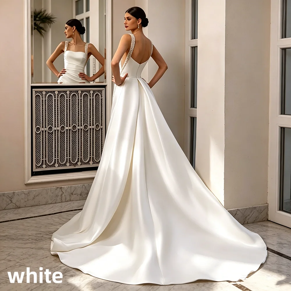 Satin Mermaid Wedding Dress Beaded Strap Square Neck V Back Detachable Overskirt Bridal Gown For Wedding Elopement Shoot 2026