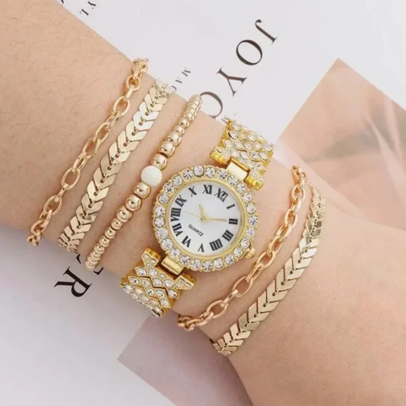 Luxury Fashion Watch Bracelet Set Rhinestone Gifts Reloj Full Crystal 5Pcs Watches Set for Women Diamond Women\'s Bracelet Watch