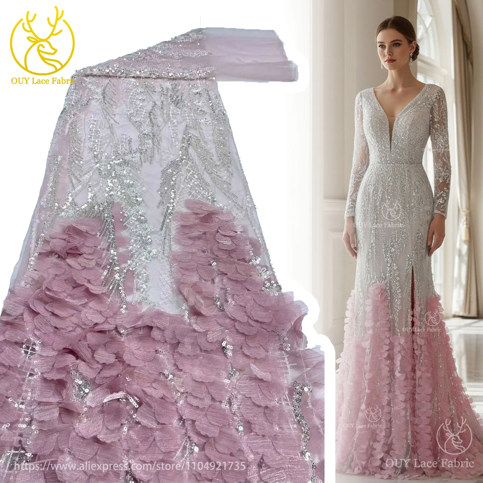 

Elegant Nigeria 3D Applique Beaded Lace Fabric 2025 High Quality African French Sequin Lace Fabric for Women's Wedding Dresses