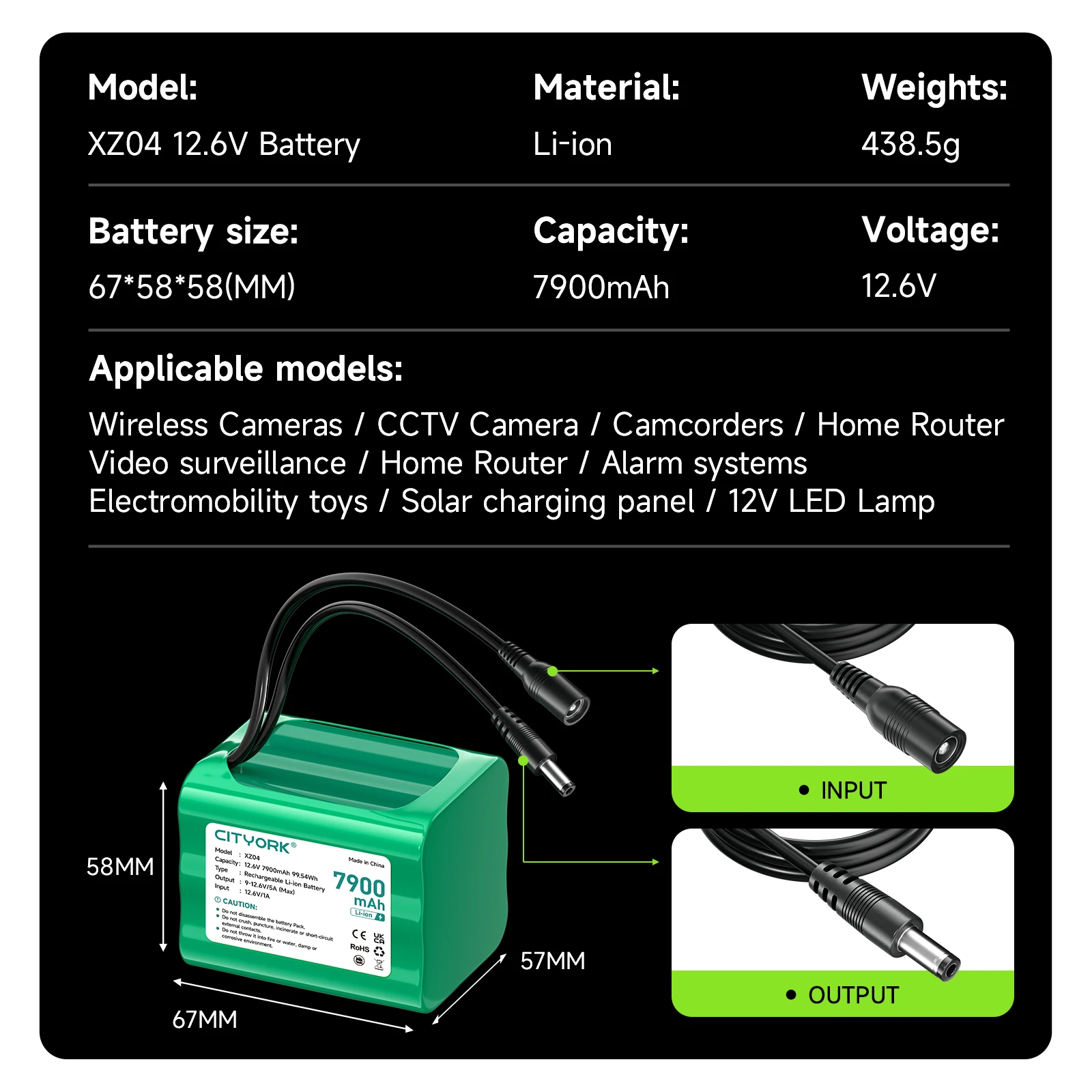 CITYORK 12.6V 7900mAh Battery High Capacity Battery For Wireless Cameras/CCTV Camera /Camcorders/Home Router/12V LED Lamp etc