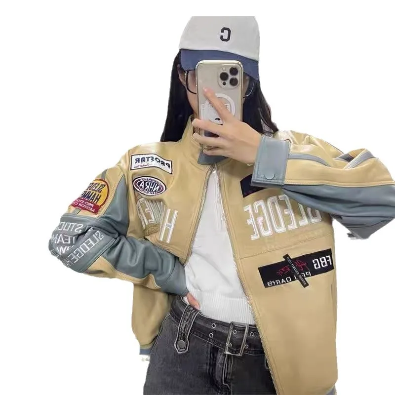 Amerikanische Modemarke bestickte Leder-Baseballjacke für Männer und Frauen, Winter, High Street, Vintage, coole Racing-Motorradjacke