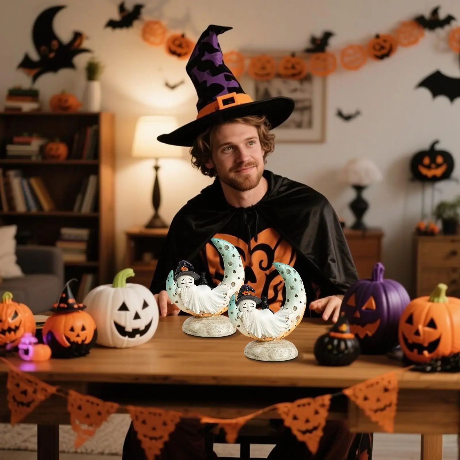 

Фигурка призрака, смоляные фигурки призраков на Хэллоуин с шляпой ведьмы, домашний декор, жуткий для праздника, дома, на открытом воздухе, гостиной, кухни