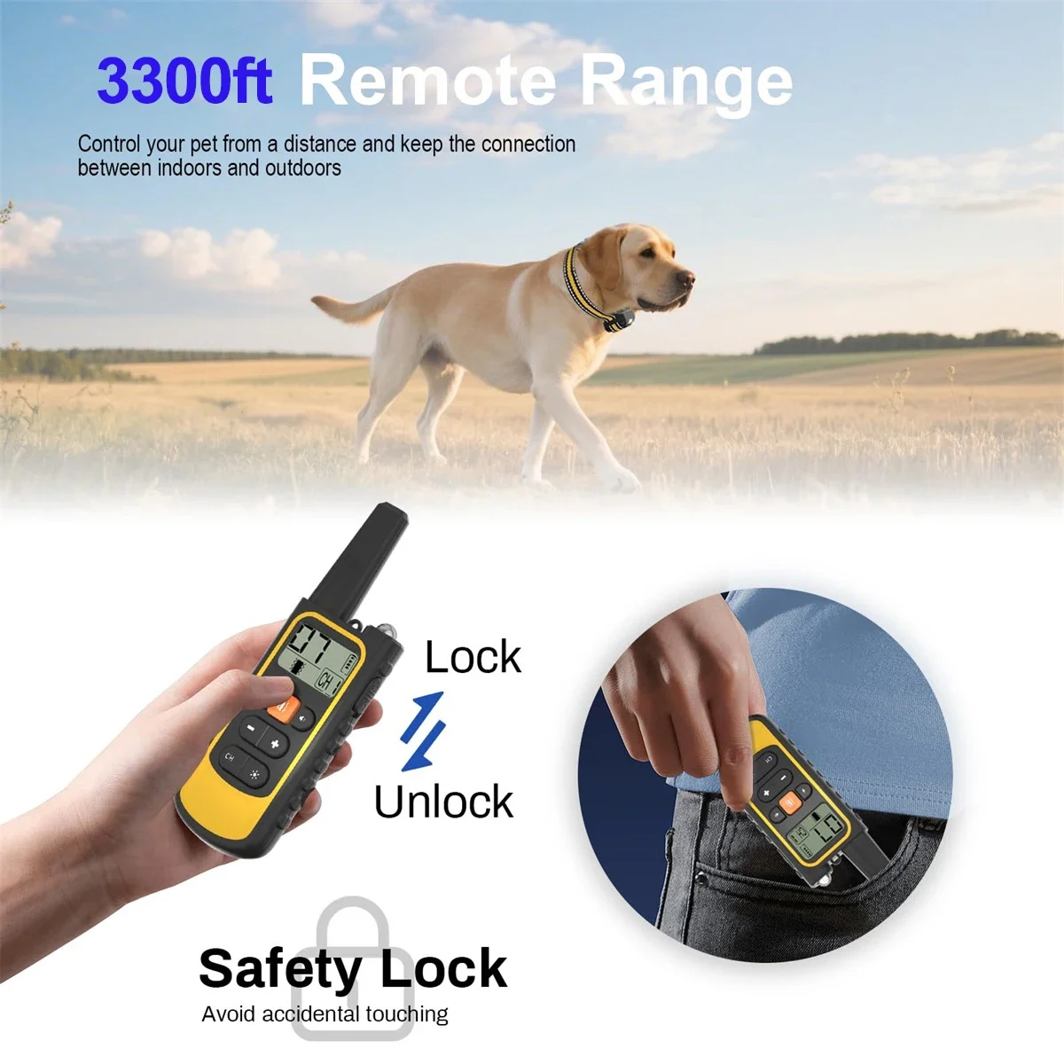 

Dog Training Collar with Remote 3300ft Range 3 Modes Beep Vibration Shock IP67 Rechargeable with Security Lock LED for 8-120lbs