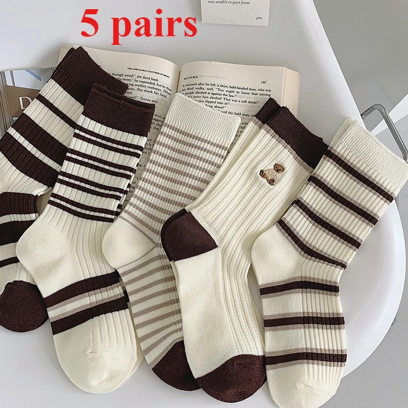 

5 Pairs of Fashionable Neutral Striped Cotton Mid Tube Warm Socks Forest Style Socks Retro Japanese Long Socks for All Seasons