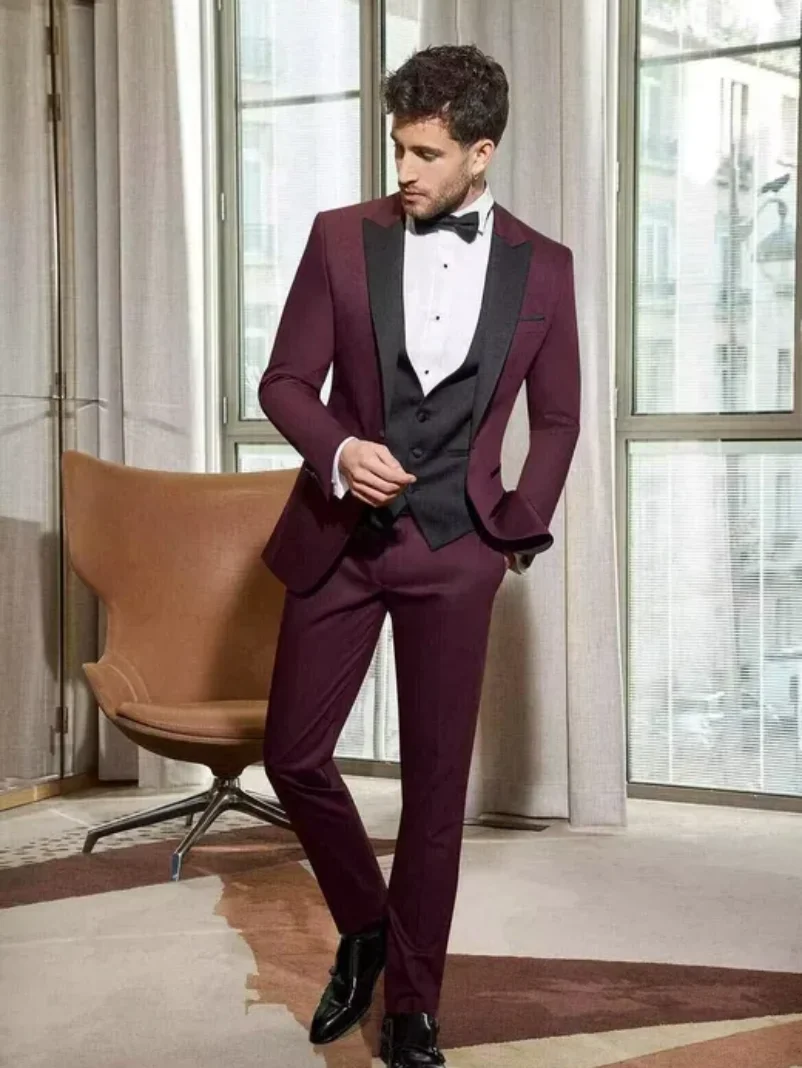 

3 PieceBurgundy Men Suits Slim Fit Peak Lapel Single Breasted Suit Men Wedding Prom Party Business Tuxedos (Blazer+Vest+Pants)