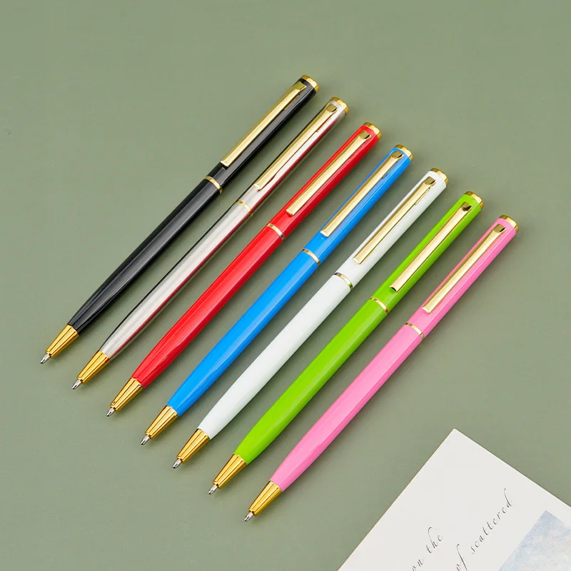 

50pcs/lot New Promotion Cheap Thin Ball Point Metal Pens Custom Logo Slim Twist Metal Ballpoint Pen with Gold Silver Clip