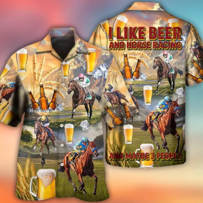 Full Print Horse Racing And Beer Graphic Hawaiian Shirts For Men Casual Short Sleeve Button Aloho Shirts Gift For Horse Lover