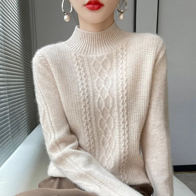 New Spring Knitted Pullovers Half High Collar Loose Thick Warm Sweater For Women Vintage Autumn Winter Mother Bottoming Top