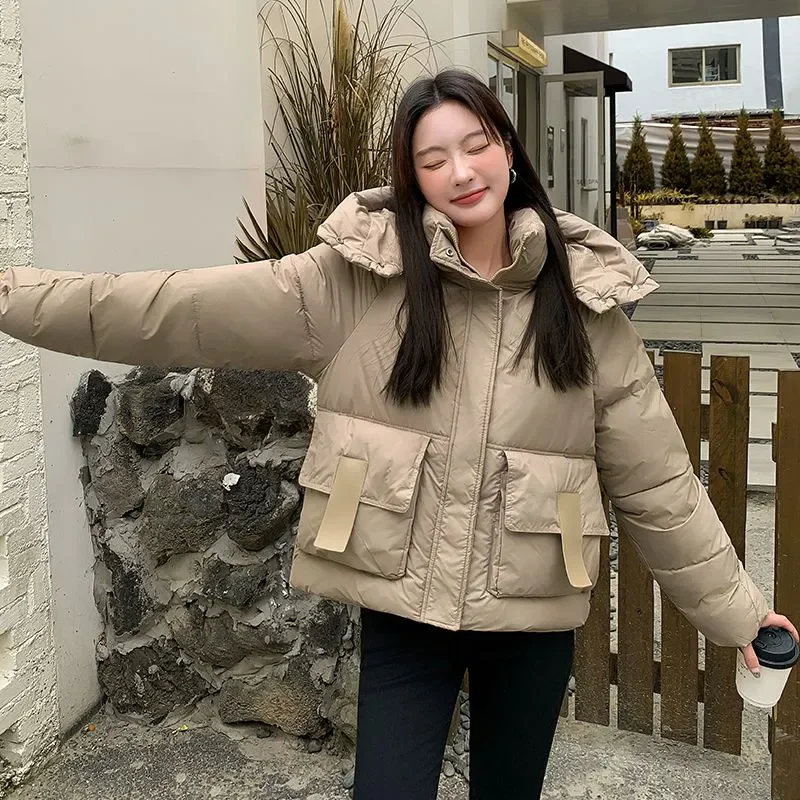 2025 inverno chique com capuz para baixo algodão puffer parka casacos feminino solto sólido engrossar jaqueta quente feminina nova moda zíperes outwear