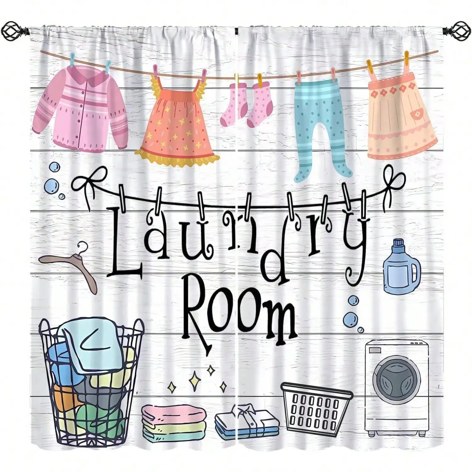 Laundry Room Curtain, Cartoon Clothesline Print Blackout Curtains, Washing Machine & Detergent Window Drapes for Utility Room