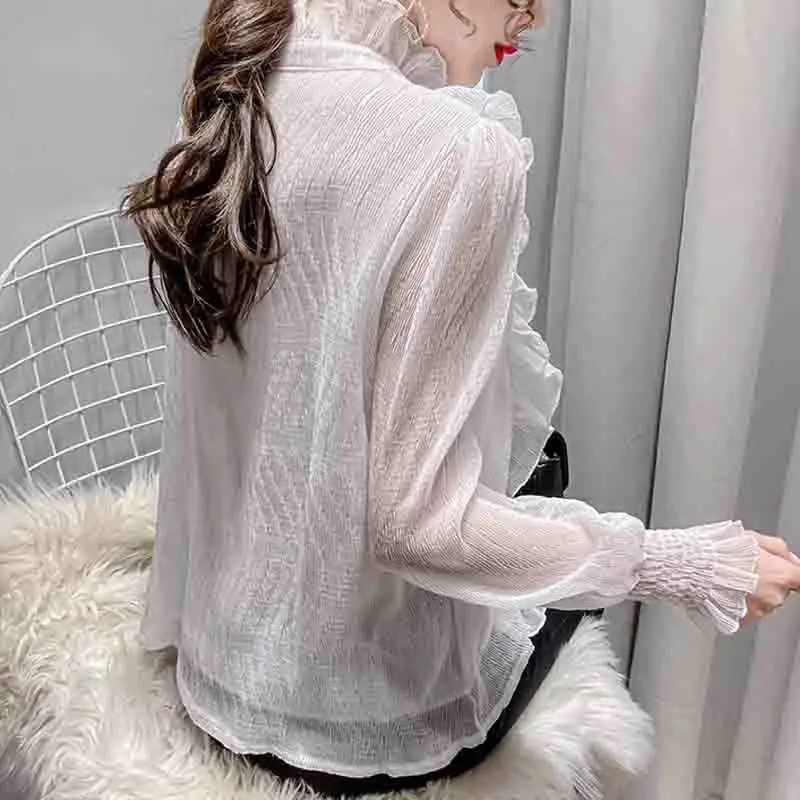 Sweet and Chic Long Sleeve Stand Collar Blouses Women Casual Loose White Shirts Korean Lace Ruffles Elegant Chiffon Blusas 13433