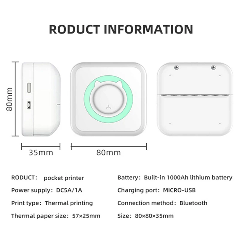 Printer termal Mini, Printer Bluetooth nirkabel multifungsi dengan kertas perekat + pena warna