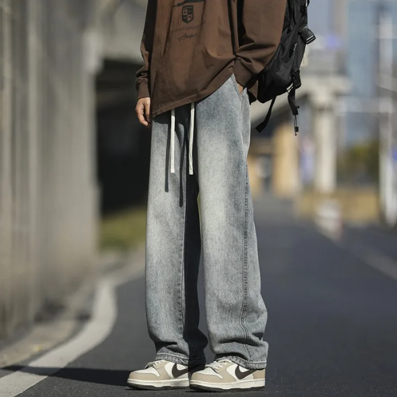 2024 New Jeans Men Korean Style Fashion Versatile Solid Color Loose Straight Drawstring Full Length High Street Denim Pants Male
