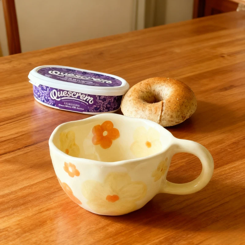 كوب من السيراميك غير المنتظم على الطراز الكوري، كوب قهوة من السيراميك باللون الأصفر اللطيف على الطراز الكوري، كوب إفطار من دقيق الشوفان #1