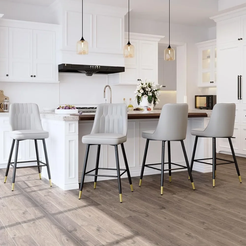 Counter Height Bar Stools Set of 4,Modern Bar Stools Set of 4,Light Grey Faux Leather Barstools with Back and Footrest.