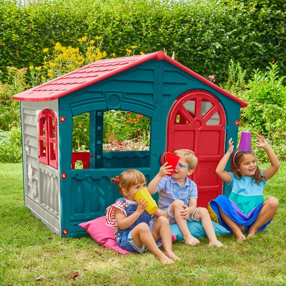 

House of Fun Playhouse for Kids – Indoor Outdoor Working Door and Windows Red White Blue Color Twilight Color Toddlers Age 2