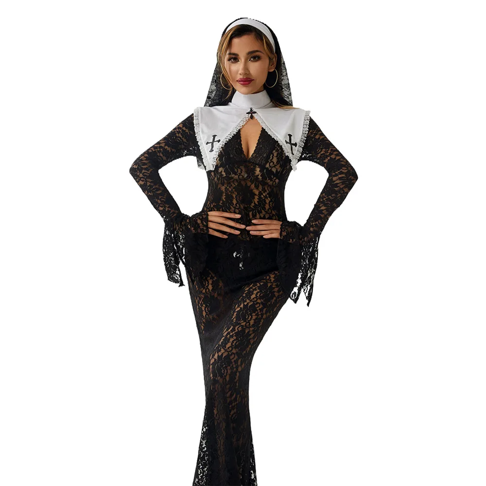 

1251 HollyDay Pure Desire Nun Costume Sexy Lady Lace Long Dress Nightclub Queen Nun Outfit Halloween Cosplay Hot Girl Outfit