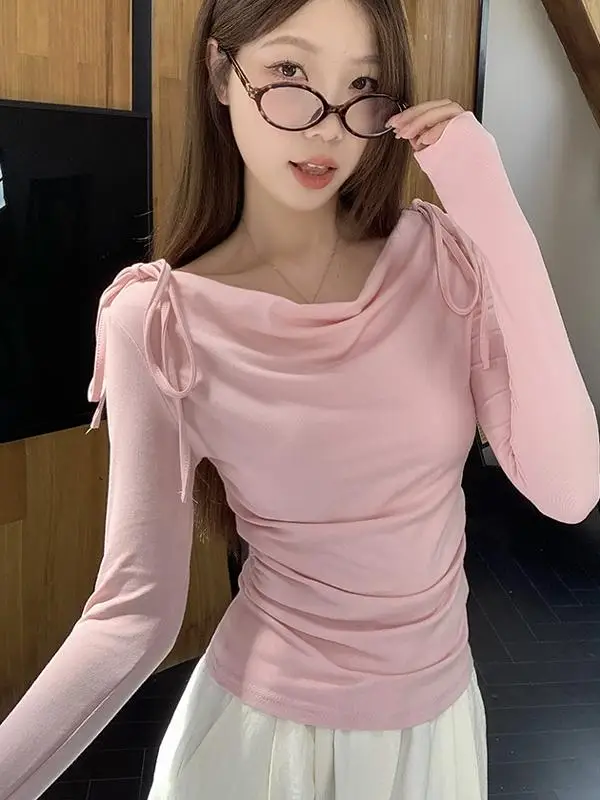 Maglietta Coreana a Maniche Lunghe da Donna, Autunno Inverno, Aderente, Vita Alta, con Nodo, Top Elegante per il Lavoro, Stile Creativo...