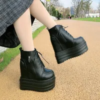 Women's Shoes Autumn Lace Ups motorcycle Boots High Heel 14cm Wedges Platform Women Ankle Boots zapatos de mujer
