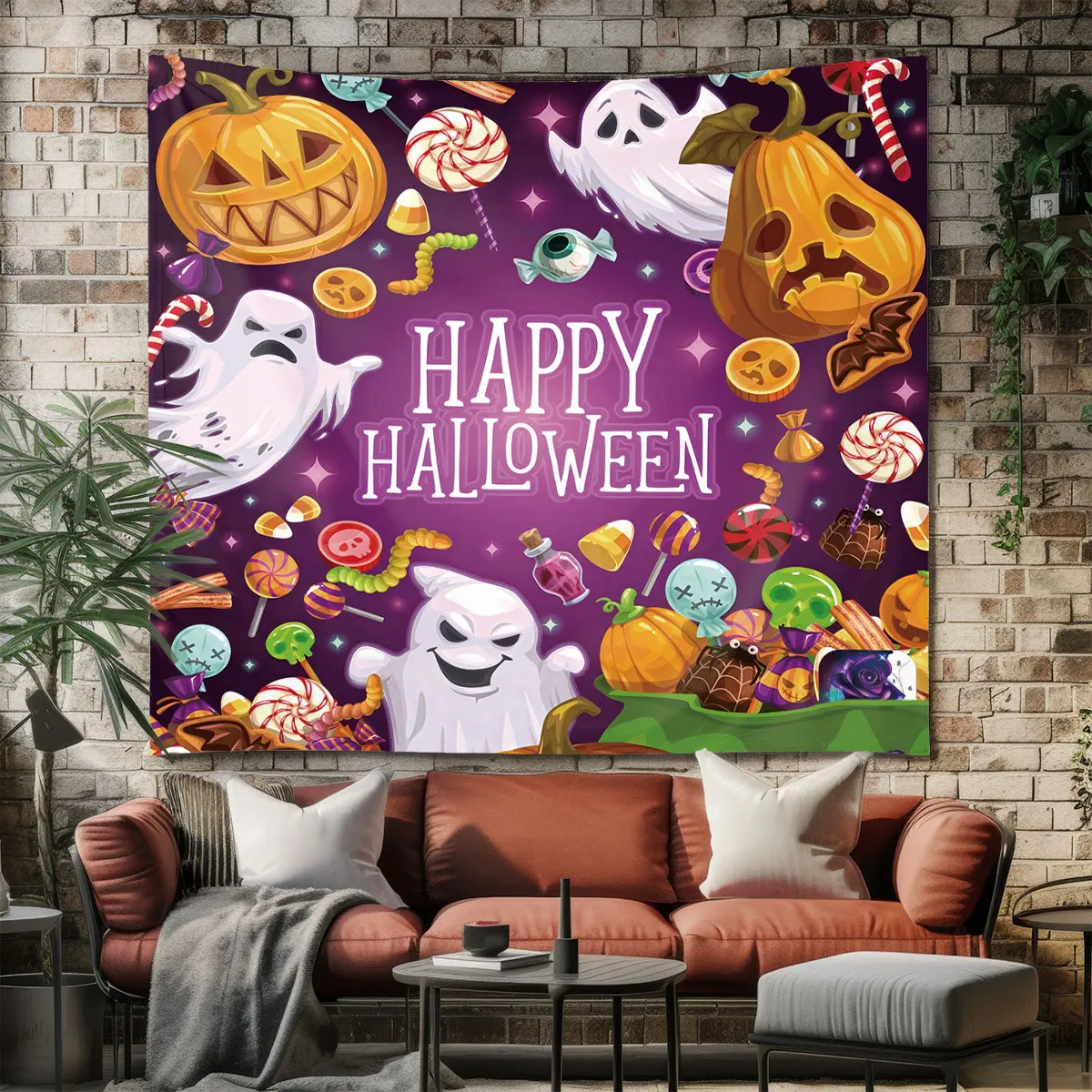 1pc Halloween Ghost Pumpkin Candy Print Tapestry, Decorative Wall Hanging For Living Room Bedroom Background Wall, Home Ornam