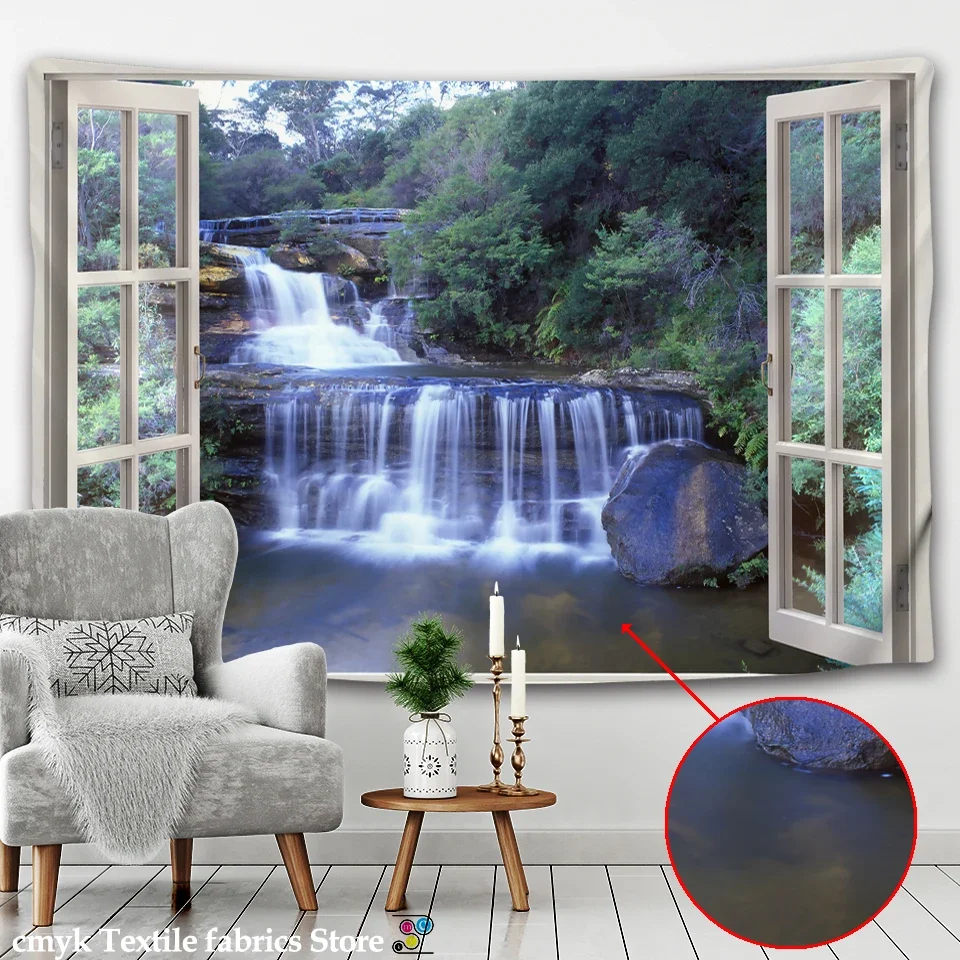 3D Outside The Window Landscape Waterfall Painting Tapestry Wall Hanging Bedroom Wall Fabric Art Tapestry Bohemian Decor Blanket