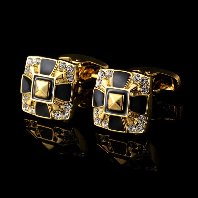 High Quality Golden Black Square Crystal Men\'s Business Enamel Cufflinks Dress Accessories French Shirt Cuff Father Jewelry Gift