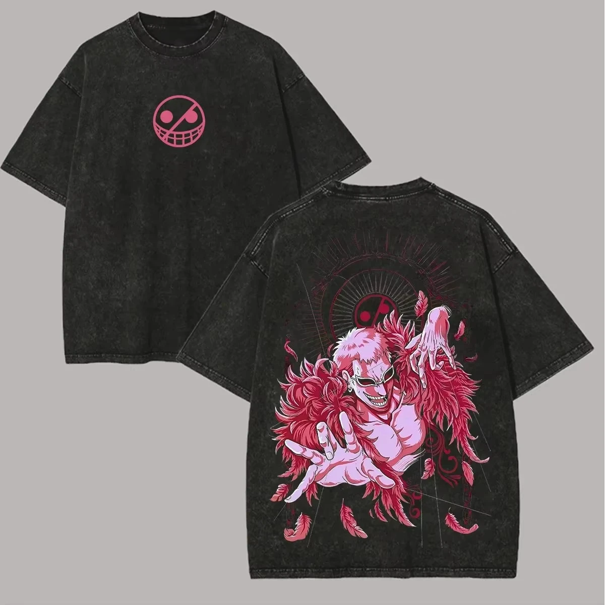 

One Piece Donquixote Doflamingo Heavenly Demon Pink Feather Acid Wash Oversized Black T-Shirt 2026 Summer Anime Graphic Tee