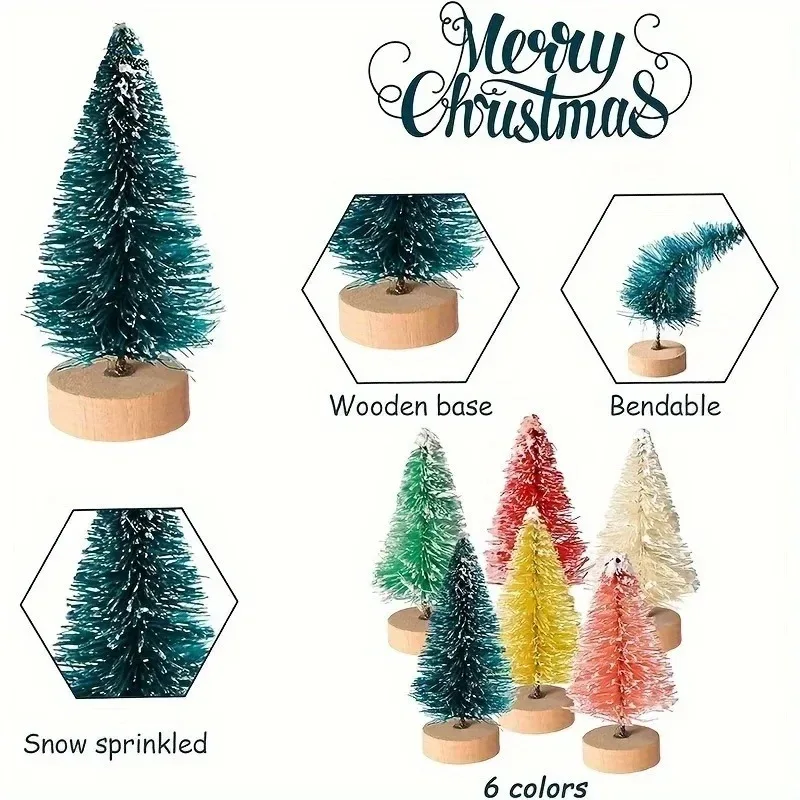 10-100PCS Mini Christmas Bottle Brush Trees Village Ornaments Plastic Trees with Wooden Base Miniature Xmas Tree Decorations Set view 5