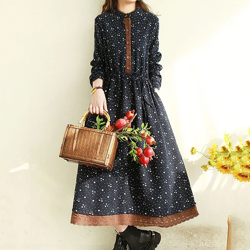 

Floral Long-Sleeved Cotton Linen Dresses for Women O-Neck Vintage Long Lace Dress Female Spring Loose Slim Elegant Vestidos B48