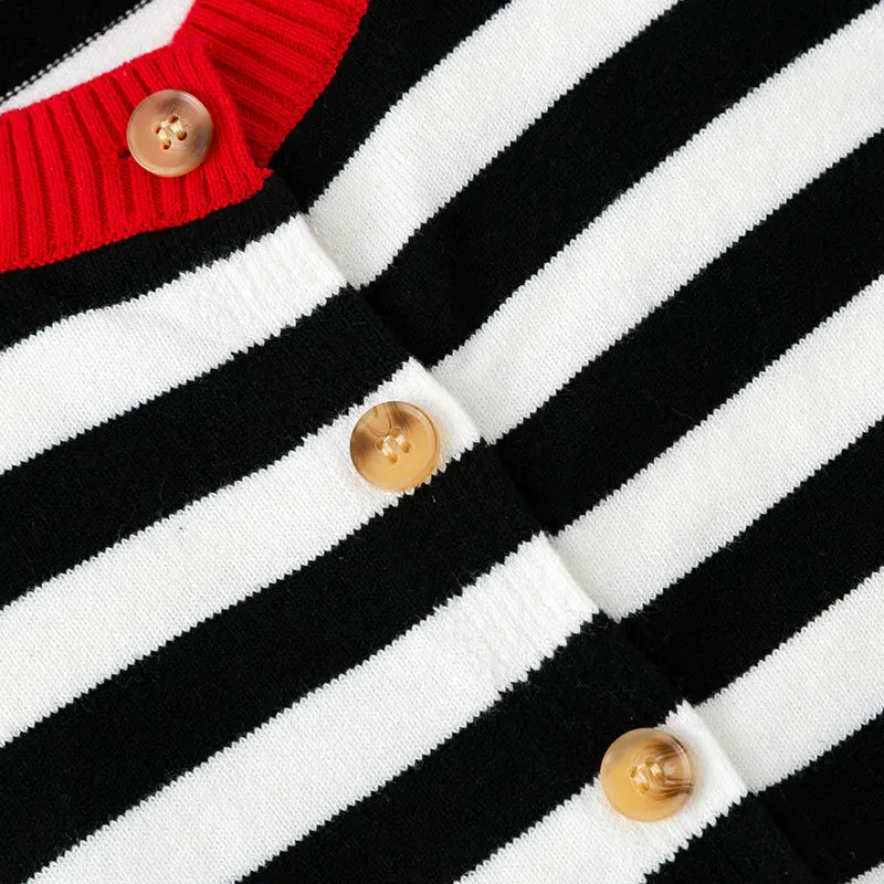 سترة ربيعية مخططة من القطن الخالص باللون الأسود والأبيض للأولاد والبنات والأطفال - ملابس خارجية سترة محبوكة