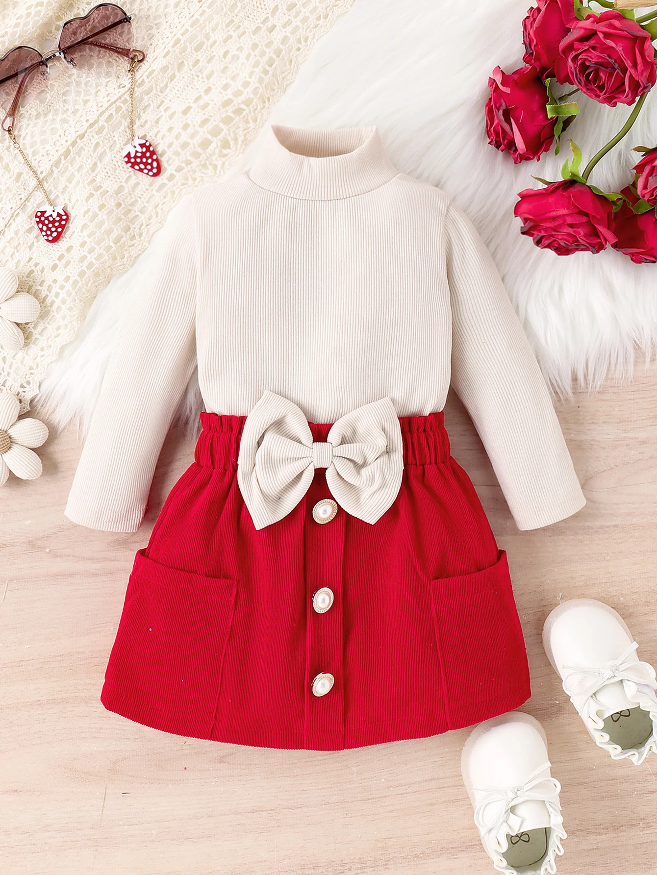 

Осенний комплект для девочек: топ с длинным рукавом в рубчик + вельветовая юбка с бантом, 2 предмета, зимняя одежда для малышек, набор платьев для принцесс