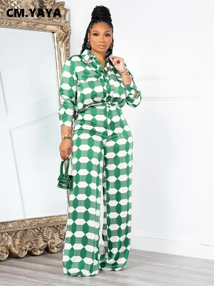 

CM.YAYA Chic Plaid Women's Set Long Sleeve Oversized Shirt and Wide Leg Pants 2023 Summer Two 2 Piece Set Outfits Tracksuit