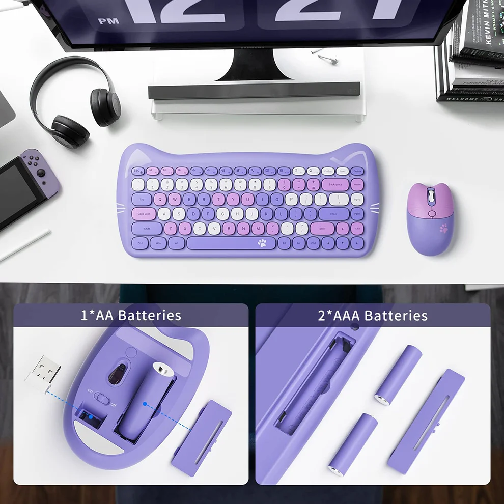 Colors Cute 2.4G Wireless Custom Keyboard Mouse Combo for Computer Laptop Korean English Wireless Keyboard Mouse Set Cat Shape