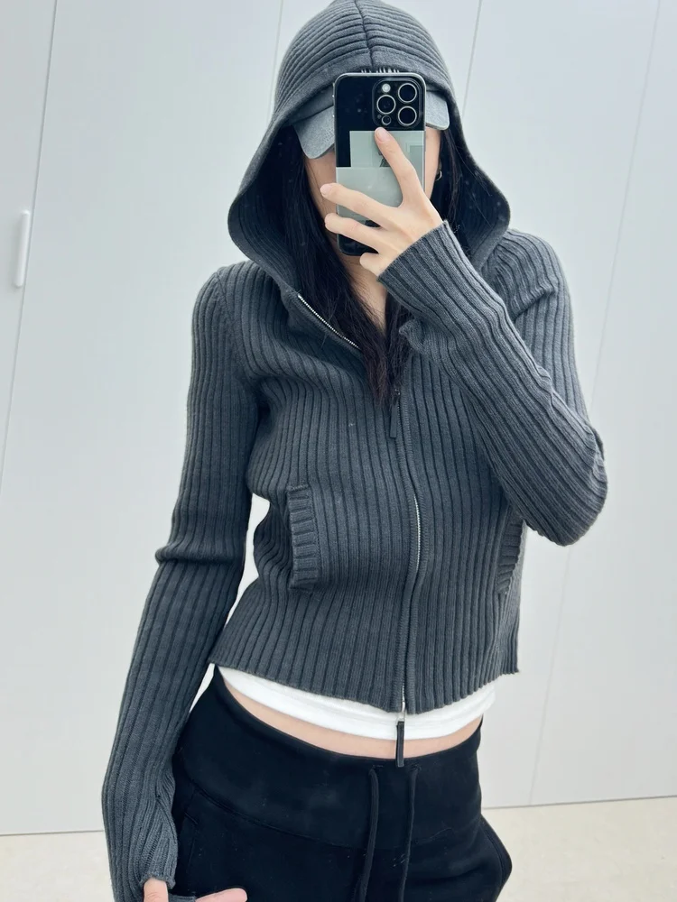 

Тихий вязаный кардиган из чистой шерсти Bla Carbon ey Slim Fit Long Sve Zipper ort Length Hat Design Women's Faion