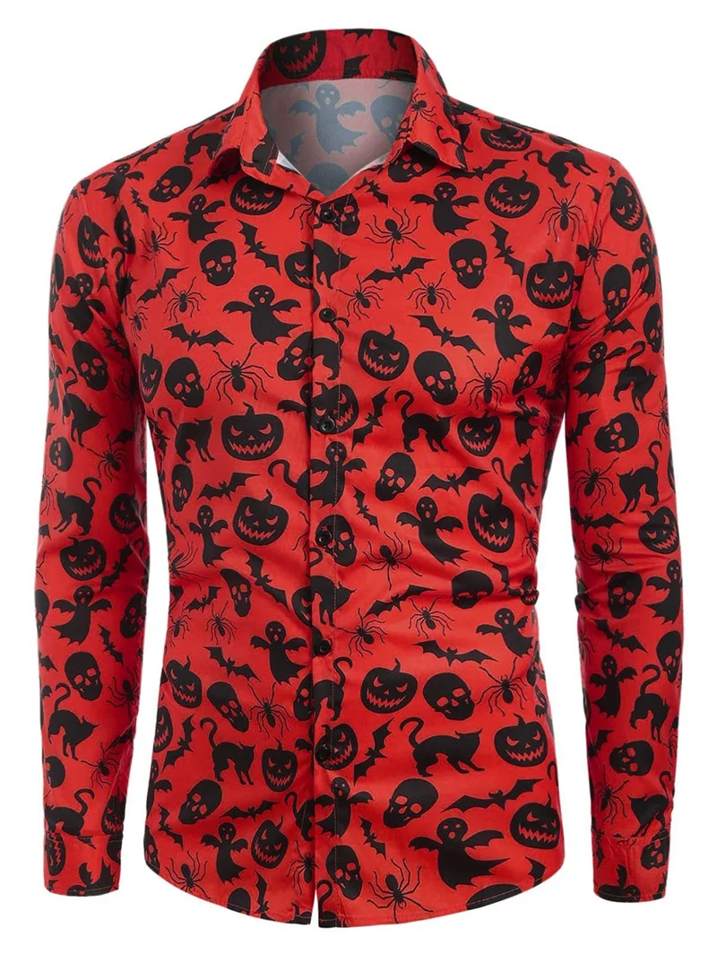 Halloween 3D Printed Men\'s Long Sleeve Shirt Autumn/Winter Horror Pumpkin Head Pattern Fashion Party Oversized Button-down Shirt