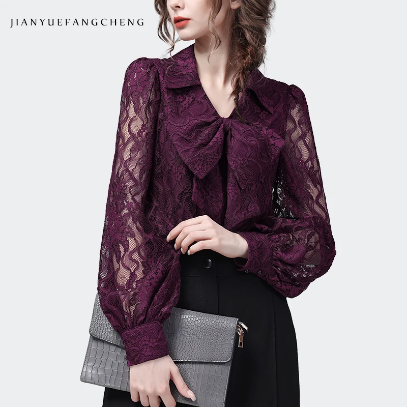 2023 Spring Summer Women Long Lantern Sleeve V-neck Purple Lace Top Hook Flower Hollow Shirts Vintage Casual Ladies Blouses