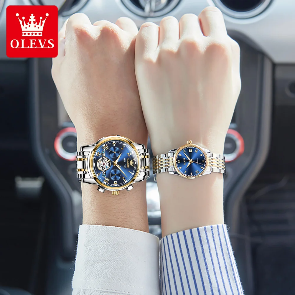 Olevs Luxe Merk Origineel Paar Horloge Roestvrij Stalen Band Waterdicht Volautomatisch Mechanisch Horloge Romantisch Liefhebber Horloge