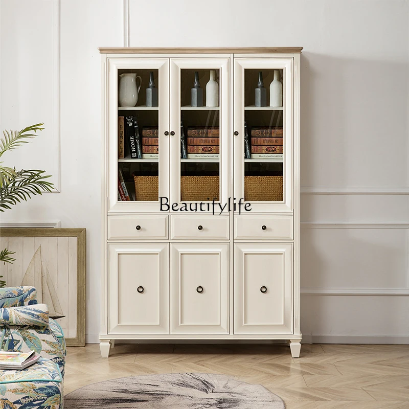 

American solid wood bookcase European white bookshelf double door wine cabinet decorative cabinet