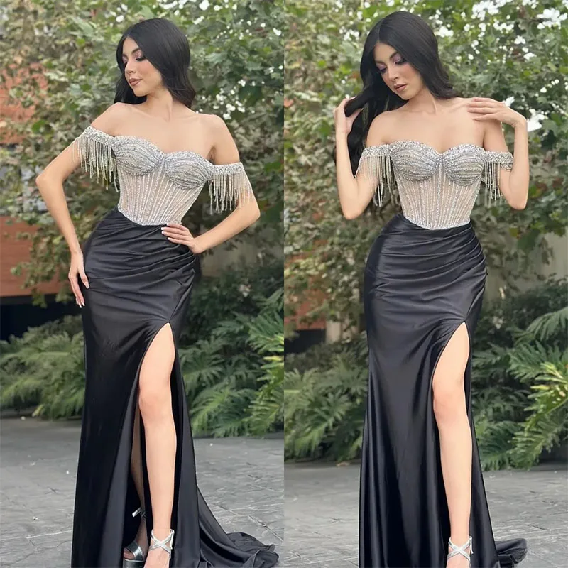 Gorgeous Black Prom Dress Crystal Tassels Off Shoulder Evening Dresses Bodice Split Formal Long Special Occasion Party Gown