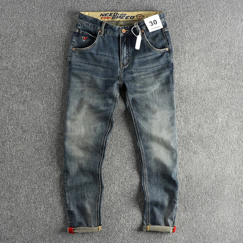 Retro Fashion Haulage Motor Wind Washed Worn Jeans Men's Micro-Elastic Slim-Fitting Small Straight Street Youth Trousers