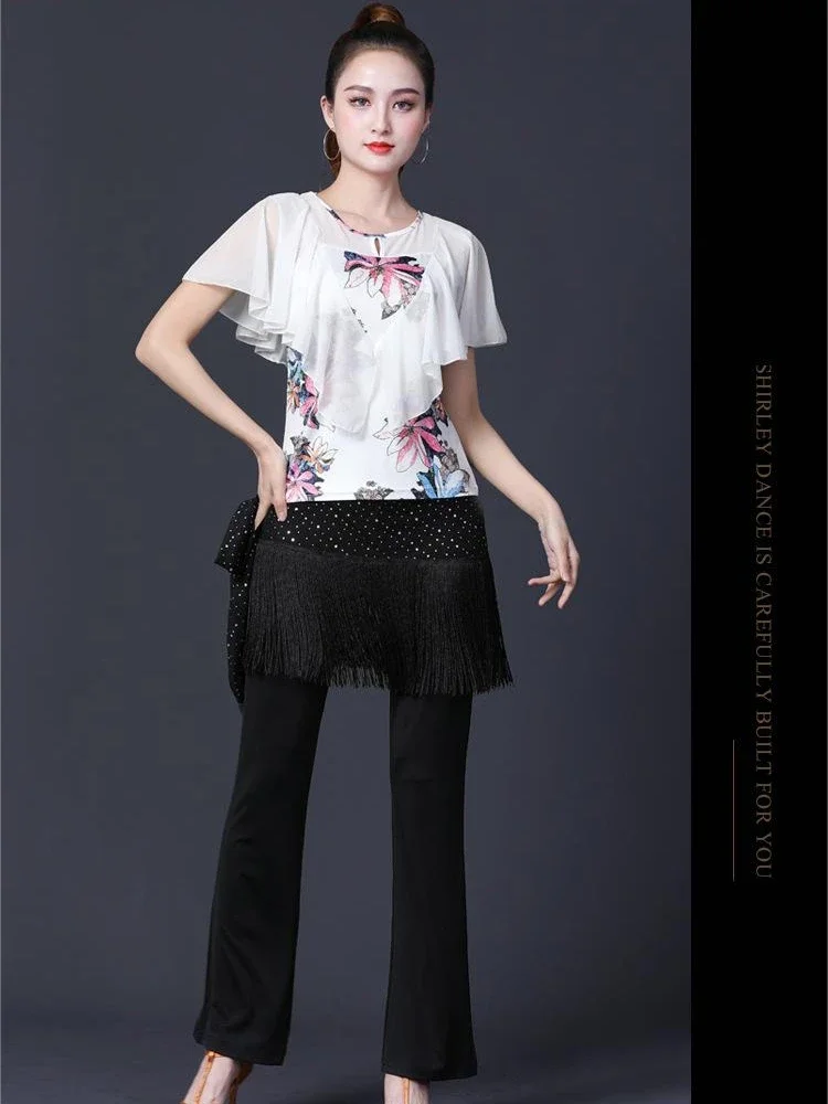 New Ruffled Latin Dance Costume Women Printed Square Dance Tops Women Ballroom Dance Clothes Performance Practice Clothes