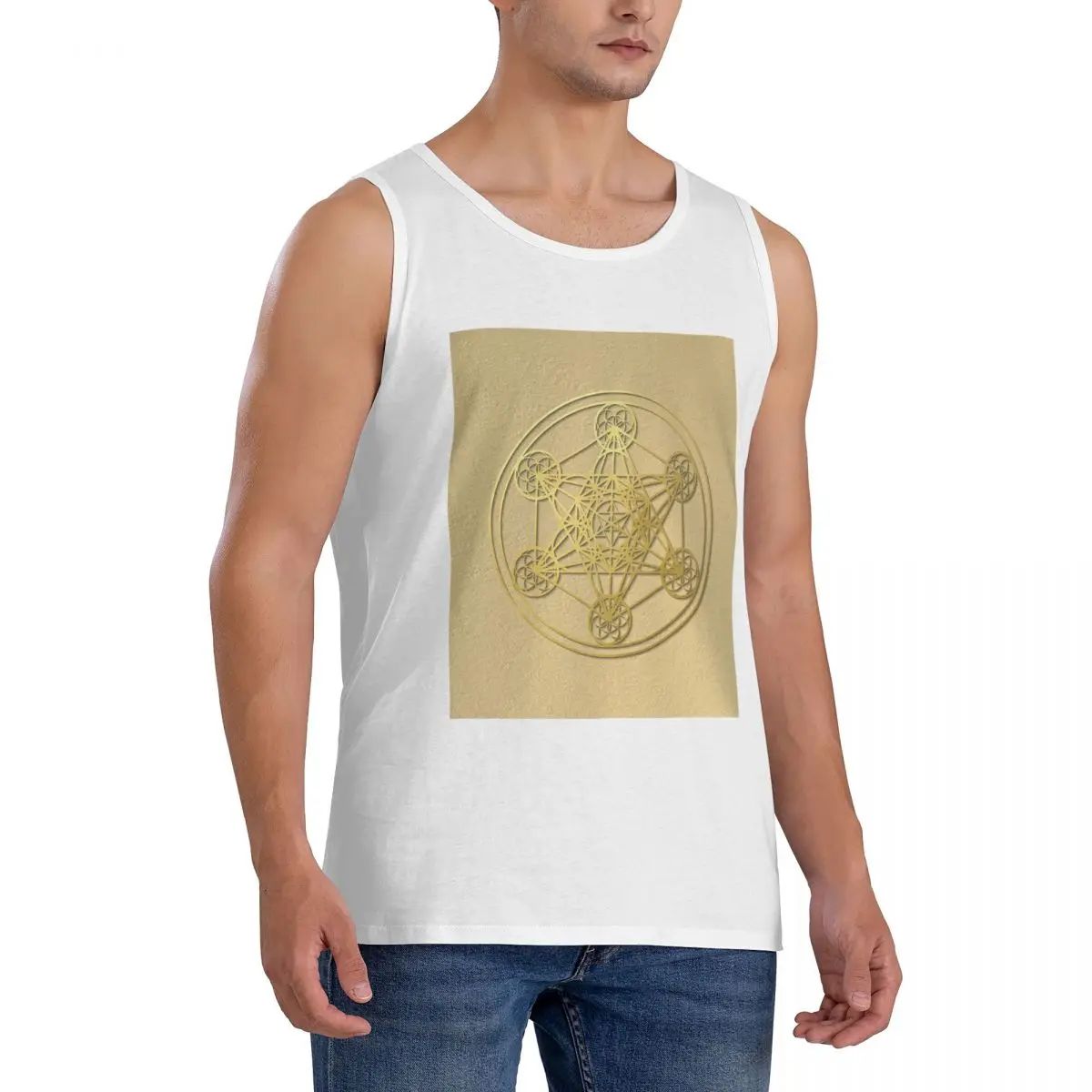 100% Cotton Metatron Cube Sacred Mandala Healing Amulet Sleeveless T-Shirt Men Workout Sports Clothing Tops Men's Crew Neck Vest