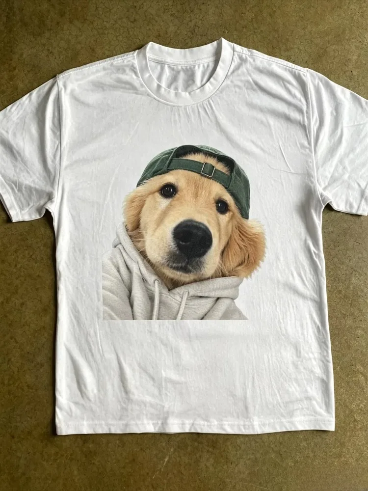 Men Women Loose T-shirt Fashion Hip Hop Style Golden Retriever Wearing Cap Print Graphic Cotton Short Sleeve Streetwear Tee