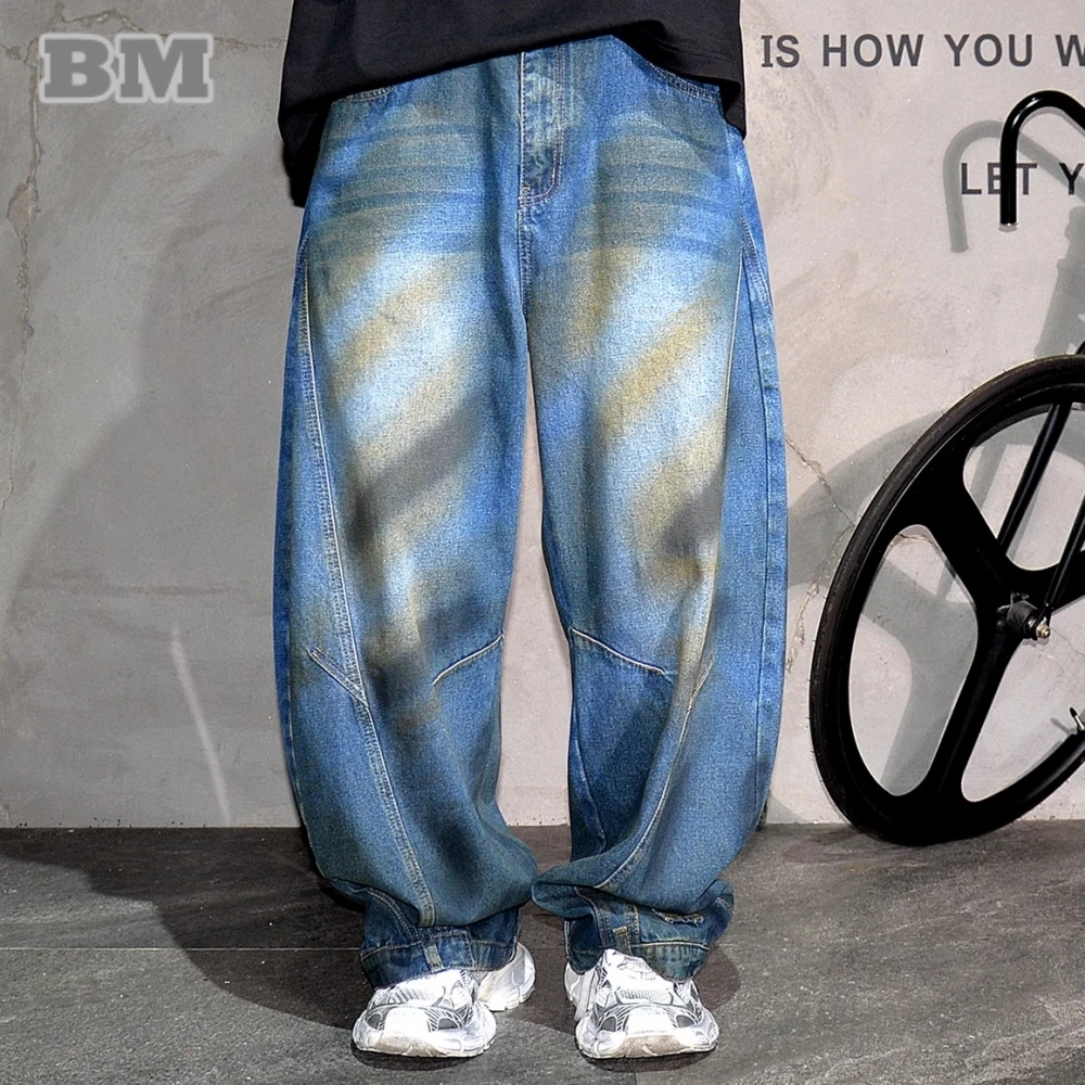

Mens Premium American Loose Fit Washed Jeans Korean Style Distressed Denim Pants Streetwear Hip Hop Trendy Cargo Skate Baggy