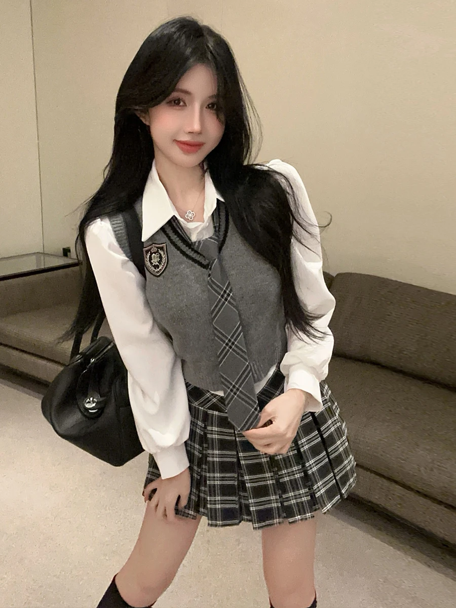 Korean College Style Layered Knitted Vest Shirt  Collar Slim Fit Long Sleeve Plaid Pleated  Skirt Three Piece Set