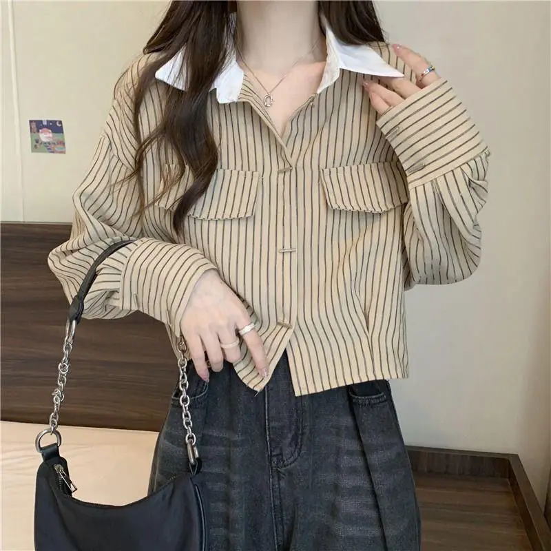 Women\'s Autumn Casual Fashion Simplicity Striped Polo Collar Long Sleeve Shirts Women Clothes All-match Elegant Temperament Tops