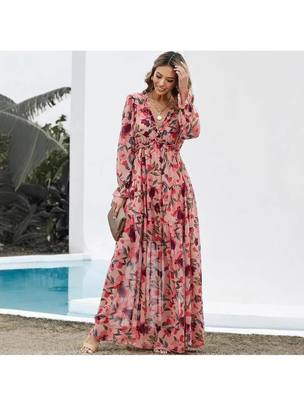 

Новое женское вечернее платье 2025 года с длинным рукавом, модным принтом, фасоном «фея», длиной миди, А-силуэт, из полиэфирного волокна