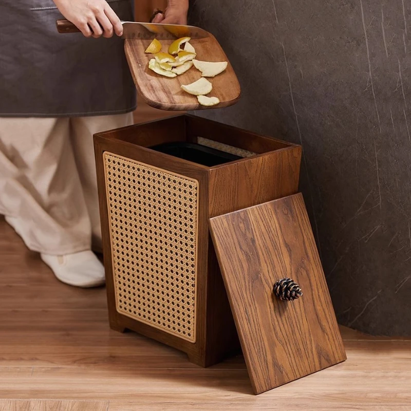

Wooden Trash Can Large Capacity Kitchen Trash Bin Japanese Vintage Aesthetic Garbage Bins Household Cleaning Tool Accessories